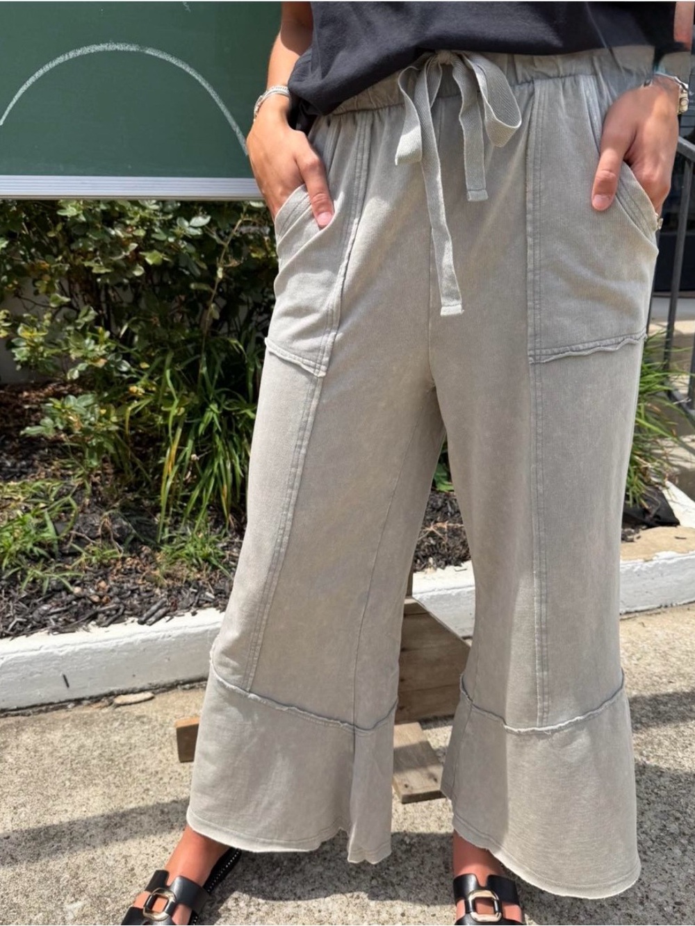 Zenana Patchwork Mineral Washed Exposed Edge Wide Leg Sweat Lounge Pant- Sleet